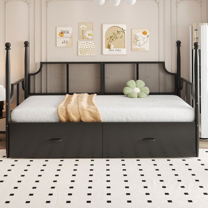 Lit Simple Canapé-lit Fer 90x200cm Noir Vintage Résille Colonne Métal Rangements Pour Adolescent(sans Matelas)