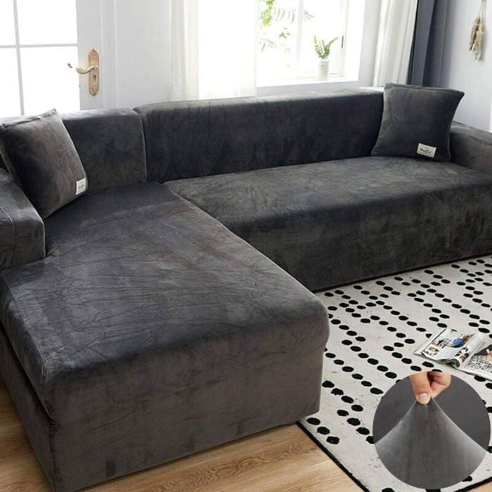 Housse de canapé - PZCC - Velours peluche extensible - Universelle pour canapé en L - Antidérapante - Lavable