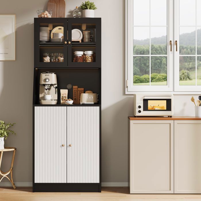 Armoire Haute à 4 Portes avec 1 Compartiments Ouverts Buffet de Cuisine Meuble de RangementEclairage LED 70x40x180 cm Noir