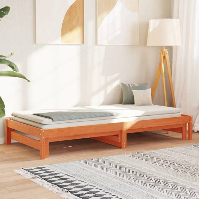 Lit de jour avec lit gigogne - VIDAXL - Cire marron - Bois de pin massif - 90x200 cm - 2055x185x30 cm étendu