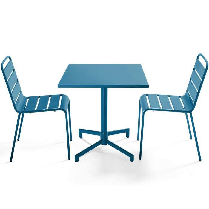 Ensemble table 70 cm et 2 chaises de jardin en métal Bleu Pacific Palavas Oviala