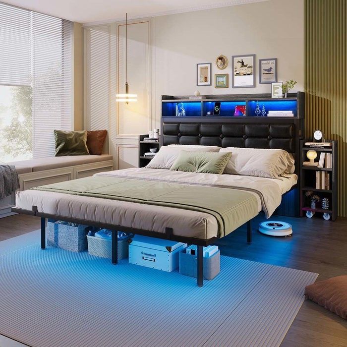 Lit double - Structure 140 x 190 cm - Sommier à lattes - Table de chevet coulissante USB/Type-C - LED intégré