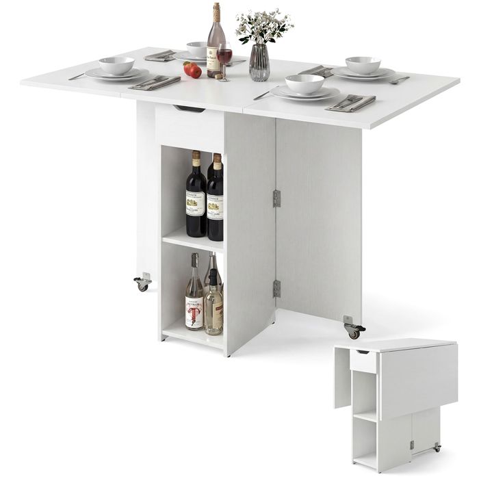 COSTWAY Table À Manger Pliante 120 x 72 x 75 cm avec 2 Roulettes Support de Rangement et Tiroir à 2 Niveaux Blanc