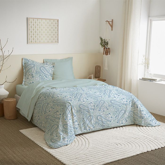 Parure de couette 4 pièces réversible 240 x 220 cm Cachemire Bleu pour lit 140 x 190 cm Coton Pur