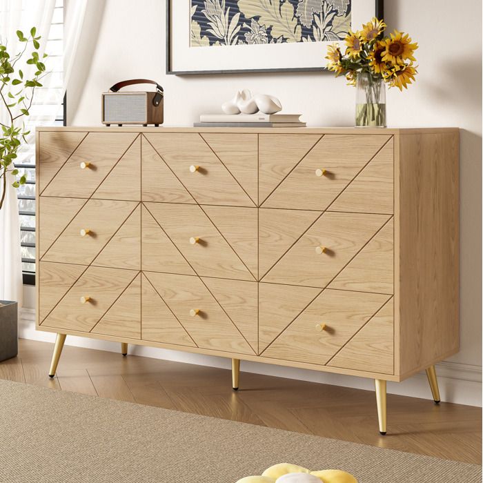 HOMVRA Commode 120x39x80 cm avec 9 tiroirs et finition géométrique pieds en fer en panneaux de particules couleur naturelle