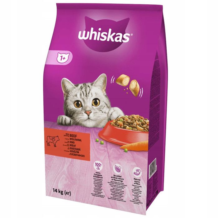 Nourriture sèche pour chats - WHISKAS - Bœuf et carottes 14 kg - Riche en protéines - Oméga‑6 & zinc - Granulés anti‑tartre