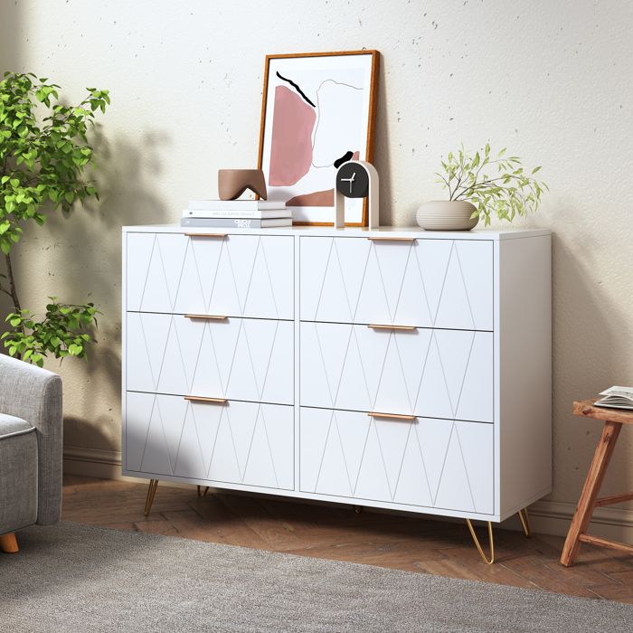 Commode blanche à 6 tiroirs avec façades en relief losange finition filmée meuble de rangement moderne et élégant