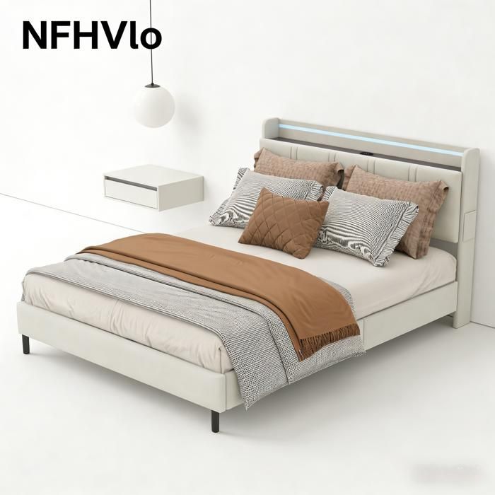 NFHVlo Lit double 160x200cm LED avec rangement prises électriques et étagères structure métal couleur beige adulte
