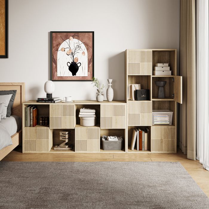 ADWOLT Bibliothèque à 4 Niveaux 4 Portes 60x30x125cm Bibliothèque à panneaux en treillis Couleur bois naturel