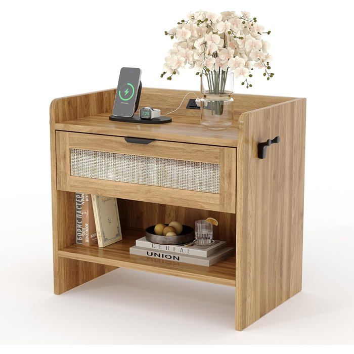 Table de chevet Bohème moderne avec station de charge – Tiroir en rotin et étagère prise électrique intégrée Noir