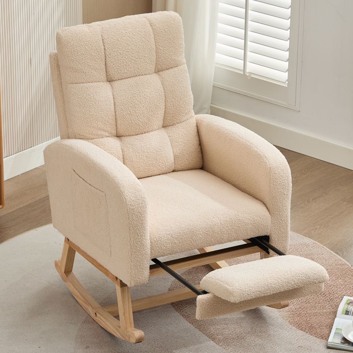 Fauteuil à Bascule Moderne - Fauteuil en Tissu Teddy Chaise à Bascule Confort pour Salon et Chambre - 132 x 50 x 99 cm - Beige