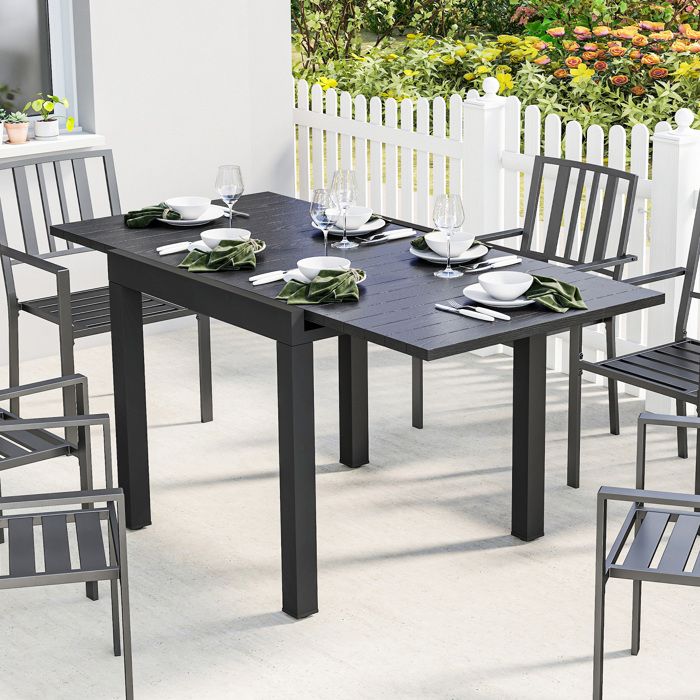 Table de jardin extensible pour 4-6 personnes avec rallonge auto-stockée aluminium avec effet bois 80-160 x 80 cm noir