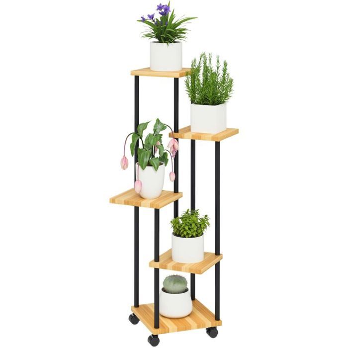 Support à plantes à 5 niveaux pour intérieur et extérieur étagère plante avec 4 roues en acier et bois bois naturel