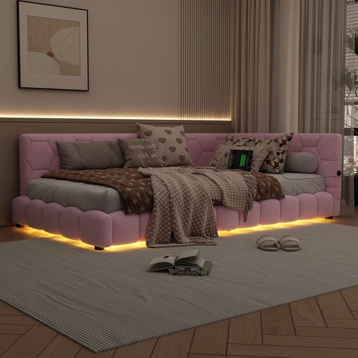 Lit banquette - KOMHTOM - 90 x 200 cm - LED 16 couleurs - USB & Type-C - Sommier à lattes Lit banquette - KOMHTOM - 90 x 200 cm - LED 16 couleurs - USB & Type-C - Sommier à lattes