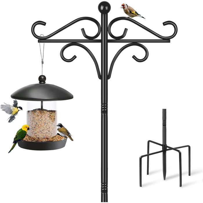 Support Mangeoire à Oiseaux sur Pied Réglable - Double Support Autoportant Robuste avec 2 Crochets et Lanterne - 195 cm Métal Noir