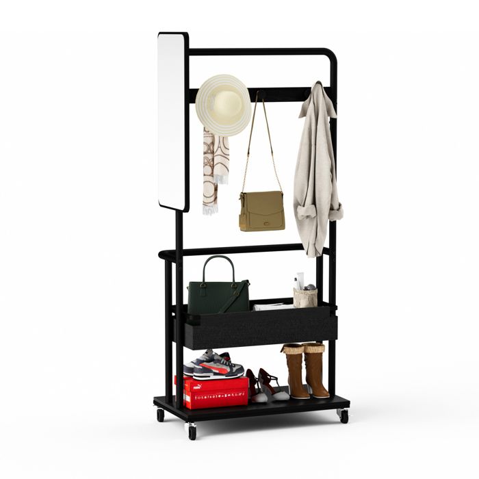 Vestiaire dentrée 70x40x170 cm avec miroir 70 cm panier tissu étagère basse roulettes acier noir