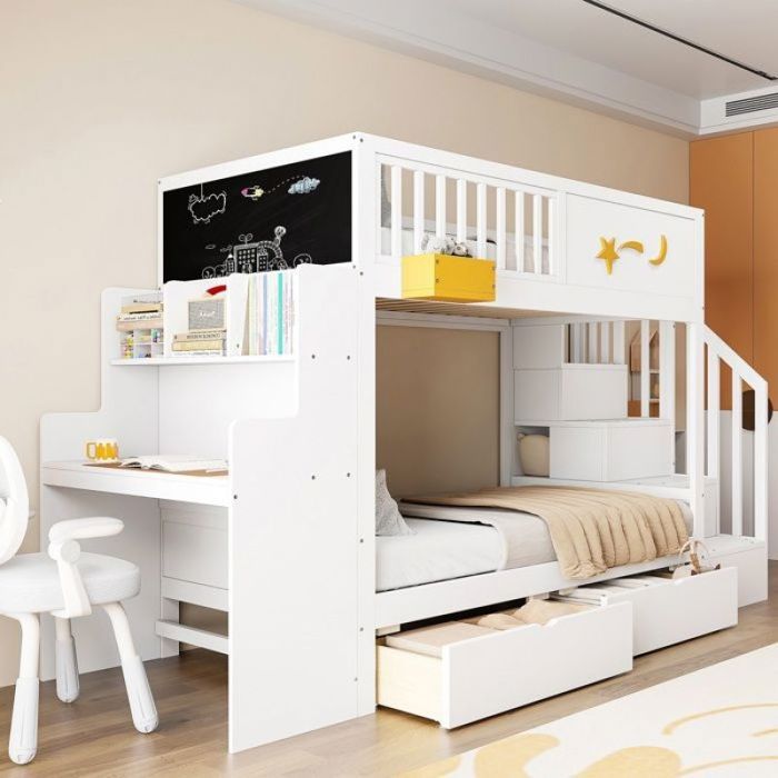 Lit superposé enfant90x200cm en pin massif bureau intégré plan incliné escalier sécurité avec rangement multifonct LITS SUPERPOSES
