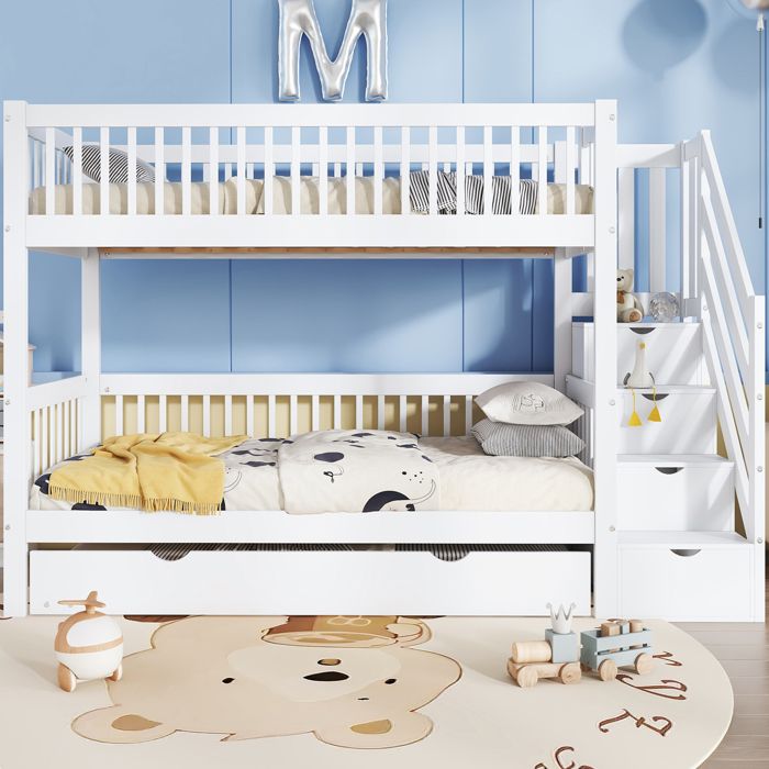 Lit superposé enfant - KOMHTOM - 90x200 cm - Lit gigogne à roulettes - Armoire escalier - Blanc