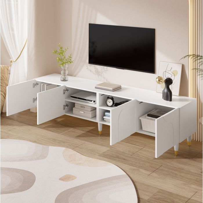 HOMVRA Meuble TV 180x40x50 cm Quatre Portes à Relief d’Arc Asymétrique MDF Panneaux de Particules Blanc