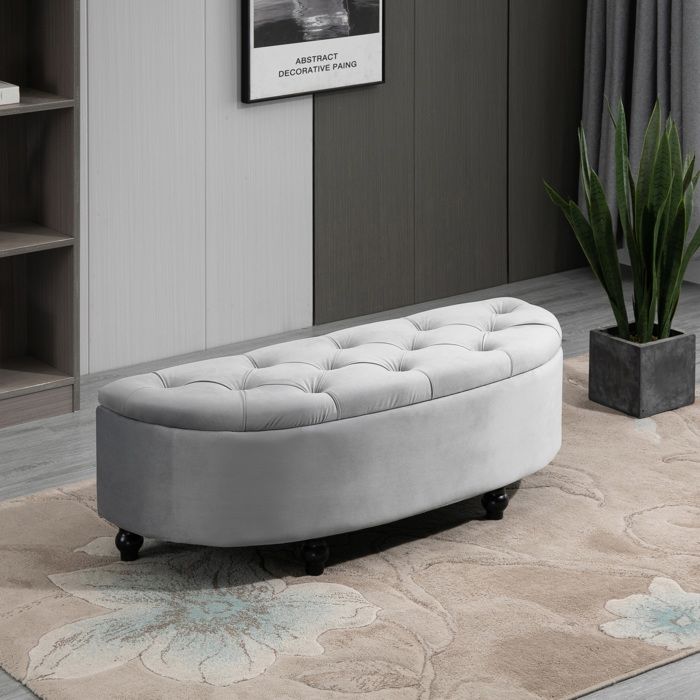 Banc coffre de rangement 120 x 46 x 42 cm gris assise aspect velours avec couvercle ouvrant et pieds en bois