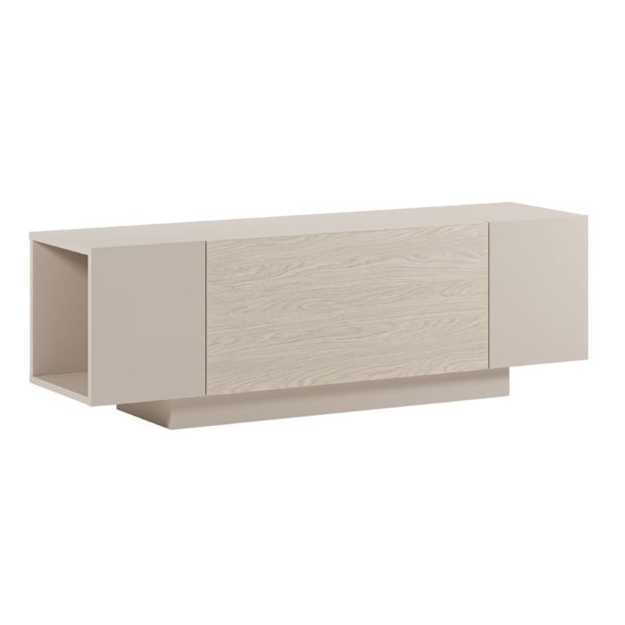 Meuble TV 1 porte abattante et 2 niches latérales aspect bois clair et beige - TRIVOR Meuble TV 1 porte abattante et 2 niches latérales aspect bois clair et beige - TRIVOR