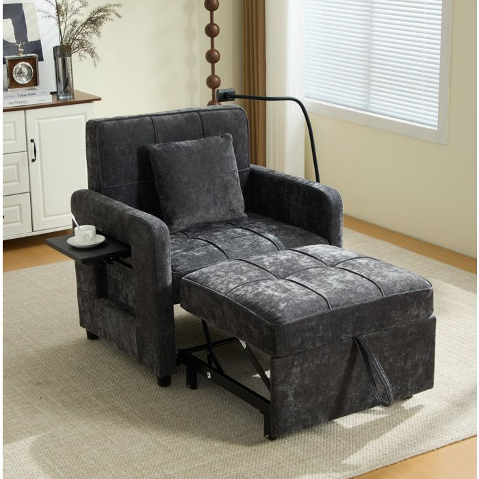 Fauteuil convertible 1 place en chenille gris foncé dossier réglable 5 positions avec coussin tablette et rangements