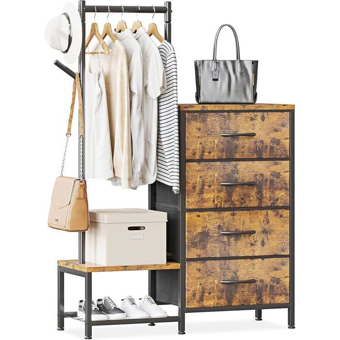 Commode Chambre Adulte 3 en 1avec Portant a Vetement et Deux CrochetsDouble Etagere ChaussureContient 4 Couleur Rétro
