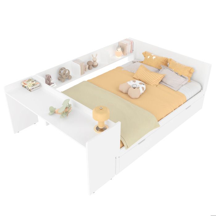 SENVIRO lit combiné 140 x 200 cm avec bureau intégré lit gigogne 90 x 190 cm 3 étagères blanc sans matelas