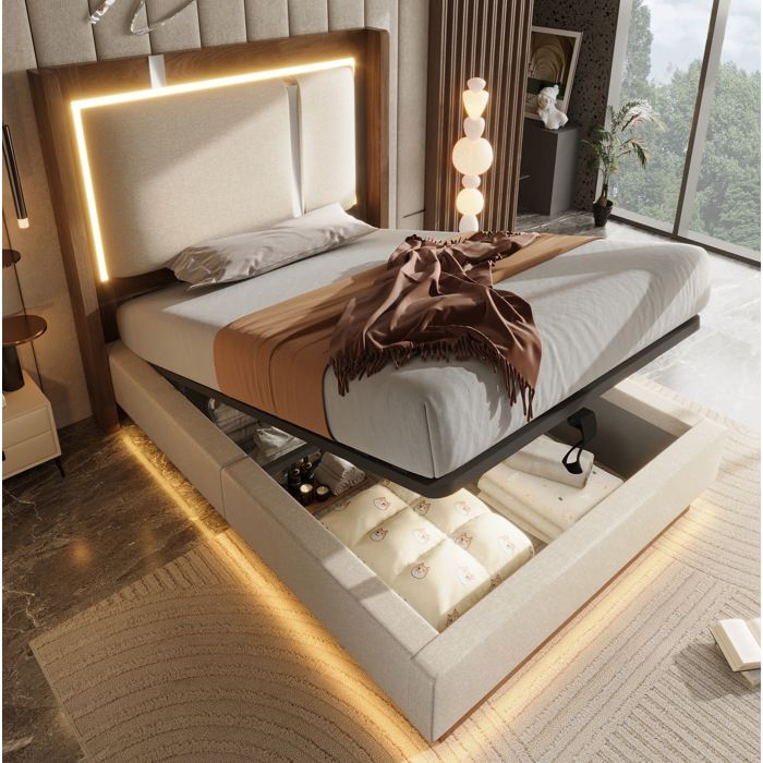 Lit coffre enfant simple 90×200 cm LED et rangement hydraulique - ELVMI - sans matelas lin beige et noyer