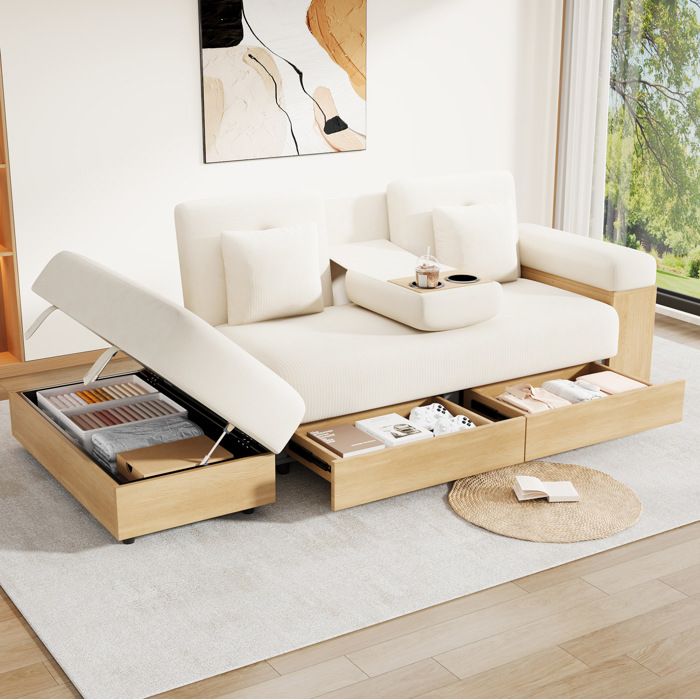 HOMVRA Canapé dangle convertible 3 places beige en chenille dossier réglable 3 positions rangement et 2 tiroirs