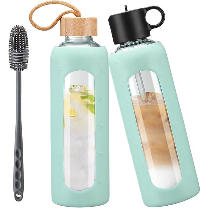 750ml Gourde en Verre Avec Paille et 2 CouvercleBouteille eau Motivation Graduée Pour 1 700ml Vert Menthe