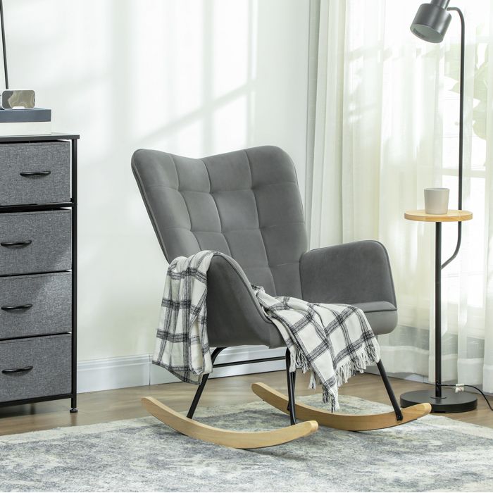 ULEVR Fauteuil à bascule gris foncé en polyester avec accoudoirs dossier haut et base en bois de hêtre
