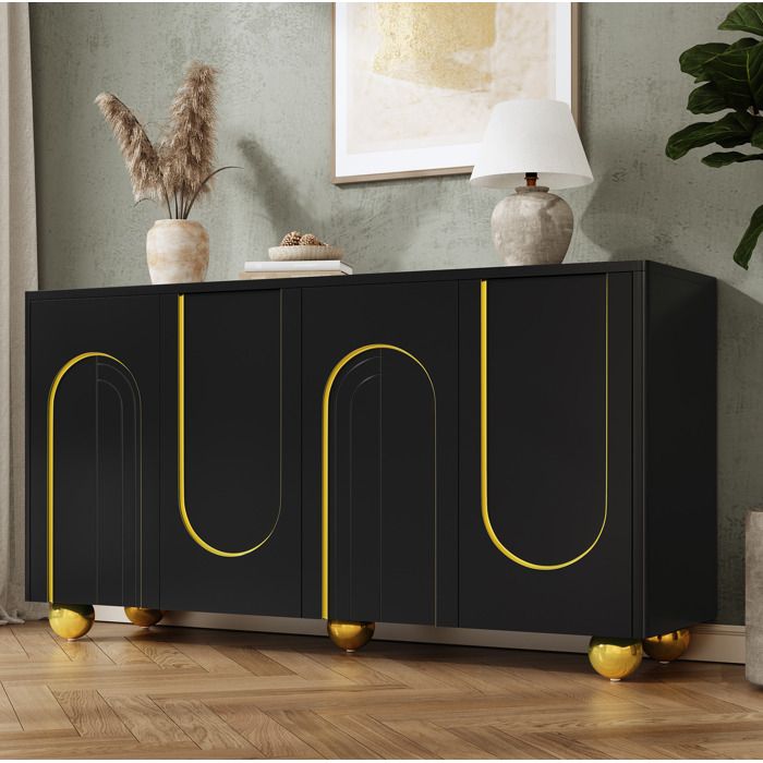 Buffet bas 4 portes avec décor arc doré et pieds métalliques - BEAUNIV - Salon salle à manger entrée 140×40×74 cm