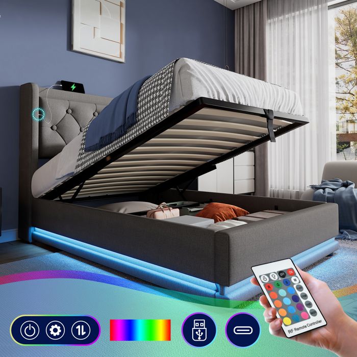 Design solide et sécurisé lit simple avec espaces de rangement avec éclairage led en coton couleur gris