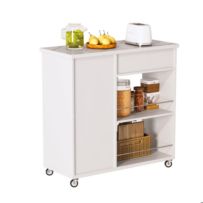 Chariot de cuisine blanc à effet marbre – îlot de cuisine roulant avec tiroir placard et roulettes bloquantes