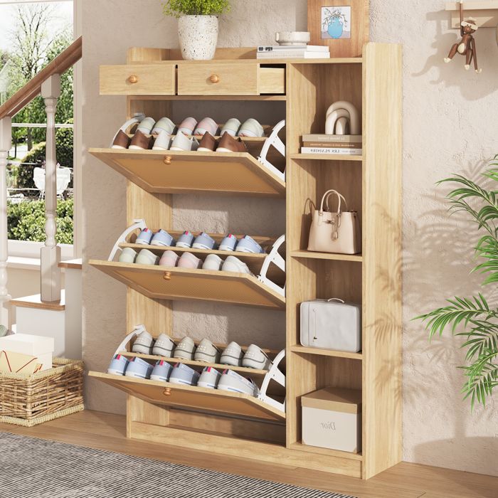 Meuble à Chaussures 3 Abattants Effet Rotin 2 Tiroirs Étagères Latérales 90 × 24 × 130 cm Naturel
