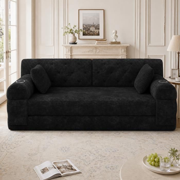 Canapé convertible 3 places - KOMHTOM - 208x80x81 cm - Velours côtelé - Haut dossier - Mousse haute densité Canapé convertible 3 places - KOMHTOM - 208x80x81 cm - Velours côtelé - Haut dossier - Mousse haute densité