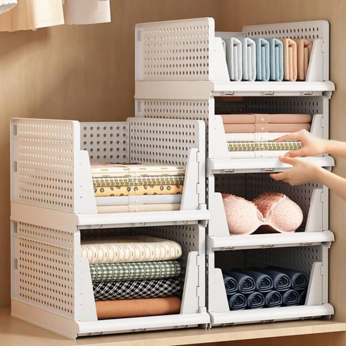 OHMG-Panier De Rangement Pour Vêtements À 5 Niveaux (18 cm De Hauteur)-Pliable-Boucle Améliorée-Respirant-33X42X90cm-Blanc