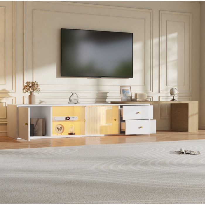 Meuble TV extensible LED blanc bois avec rangement portes coulissantes verre strié et 2 tiroirs JOINERY