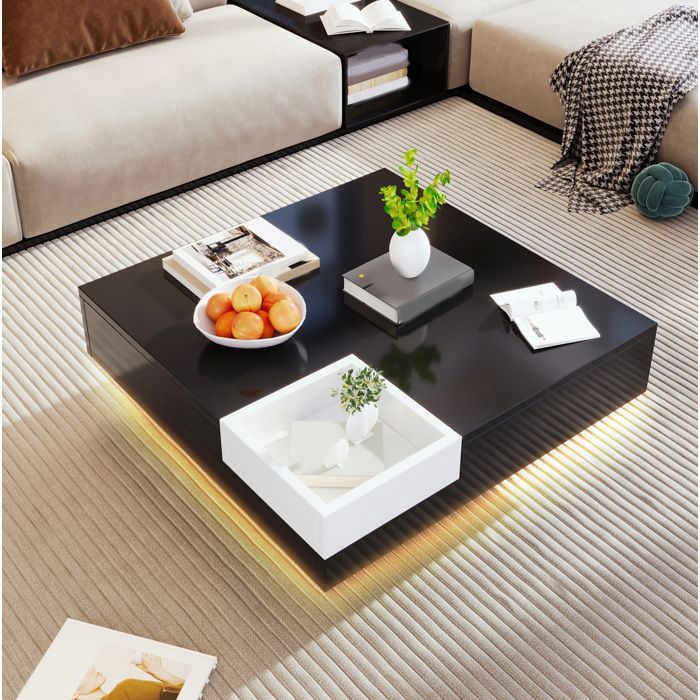 Table basse – Design moderne – Noir et blanc brillant – Boîte de rangement amovible – LED – 72 x 72 x 30 cm