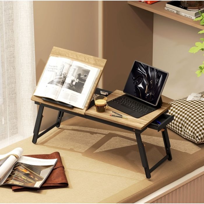 Maisentiel Table de lit pliable en bambou et MDF mélaminé plateau inclinable hauteur réglable tiroir chêne