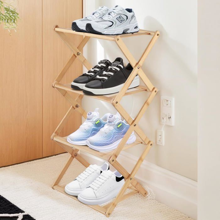 Étagère Chaussures Bambou 4 Niveaux Meuble Rangement Chaussures Pour Placard Chambre Et Entrée