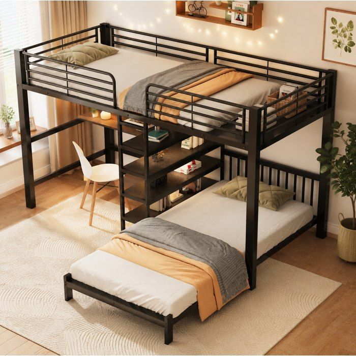ROVRYN Lit superposé 2 couchages 90 x 200 cm avec bureau en L rangements prises USB et Type-C noir