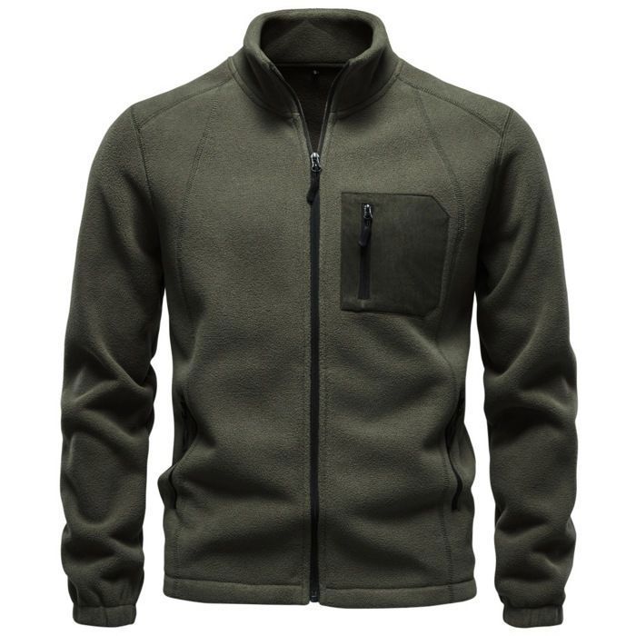 Veste Polaire Chaude Pour Homme Col Montant Veste Zippée Extérieur Regular Fit Avec Poche Contrasté Automne Hiver - Vert