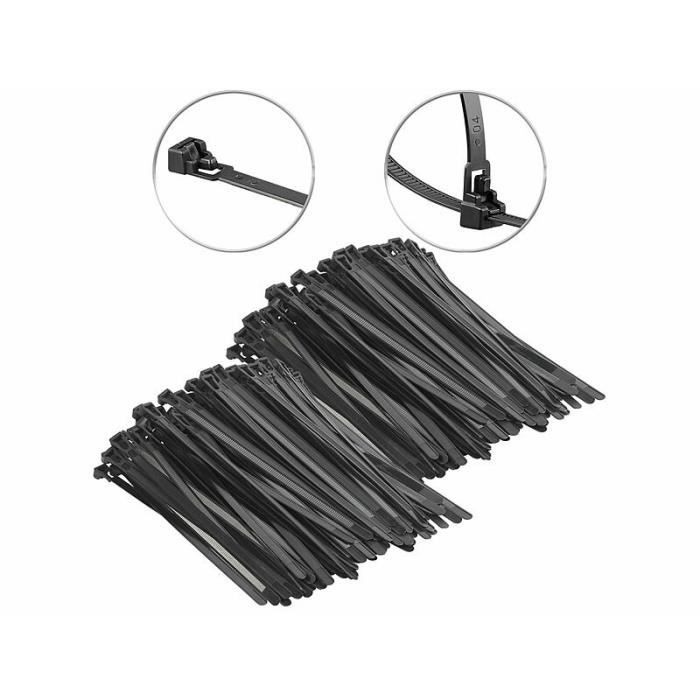 200 colliers de serrage réutilisables - Noir - 200 x 7,6 mm