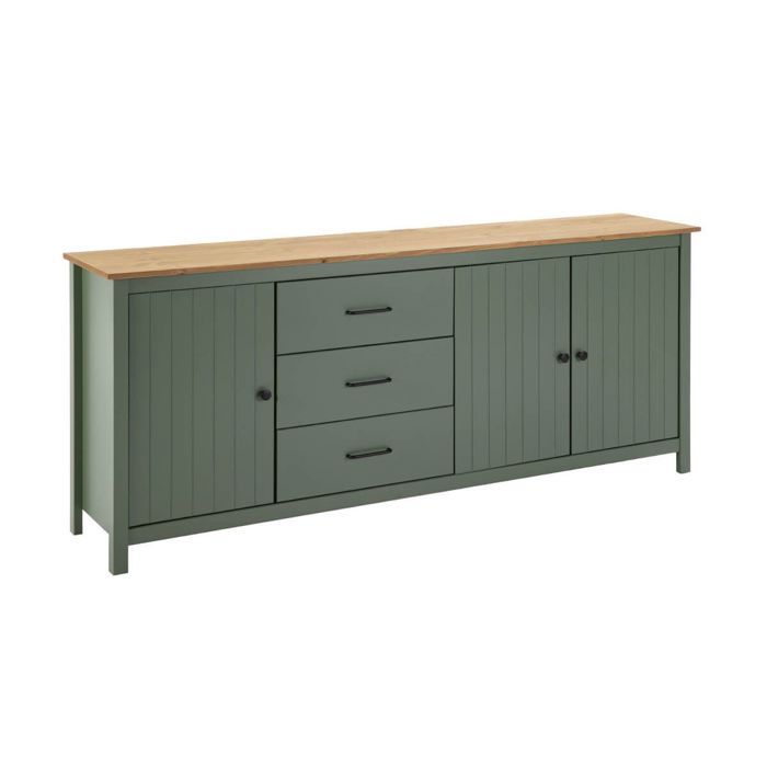 TINA - Buffet Bas 3 Portes 3 Tiroirs Bois Ciré et Vert TINA - Buffet Bas 3 Portes 3 Tiroirs Bois Ciré et Vert