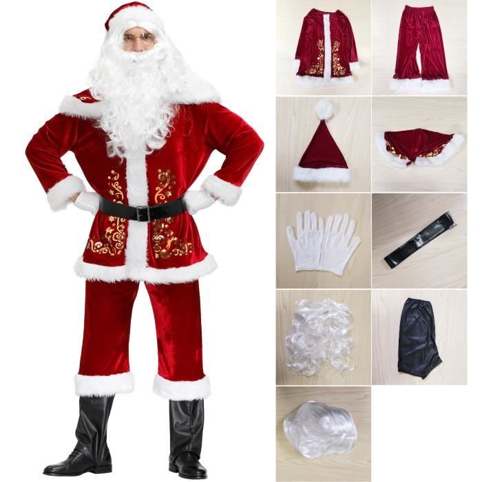 9 Pcs Costume Déguisement Père Noël Pour Adulte Costume Père Noël Déguisement Vêtement Habit Complet Rouge Noël Party