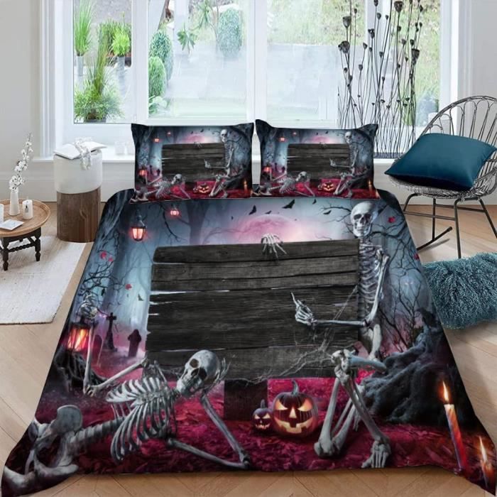 Parure De Lit Gothique Crâne 240x260 Cm - 2 Taies 65x65 - Microfibre Douce - Style Tête De Mort - Idéal Décoration Chambre