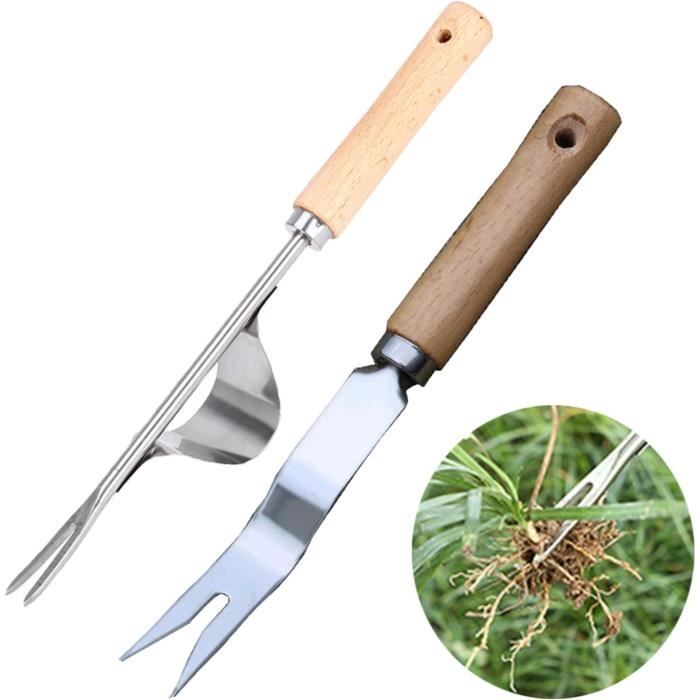 FUXNGZI Désherbeur Manuel 2024 – Gouge Arrache Pissenlit En Acier Inoxydable + Manche Bois Ergonomique (Lot De 2)