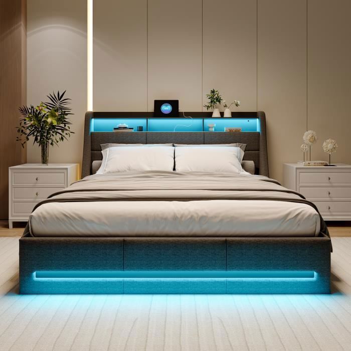Lit Double -160x200 cm -avec éclairage LED -Relevable Rangement -Matière en lin-Sommier à Lattes-Gris